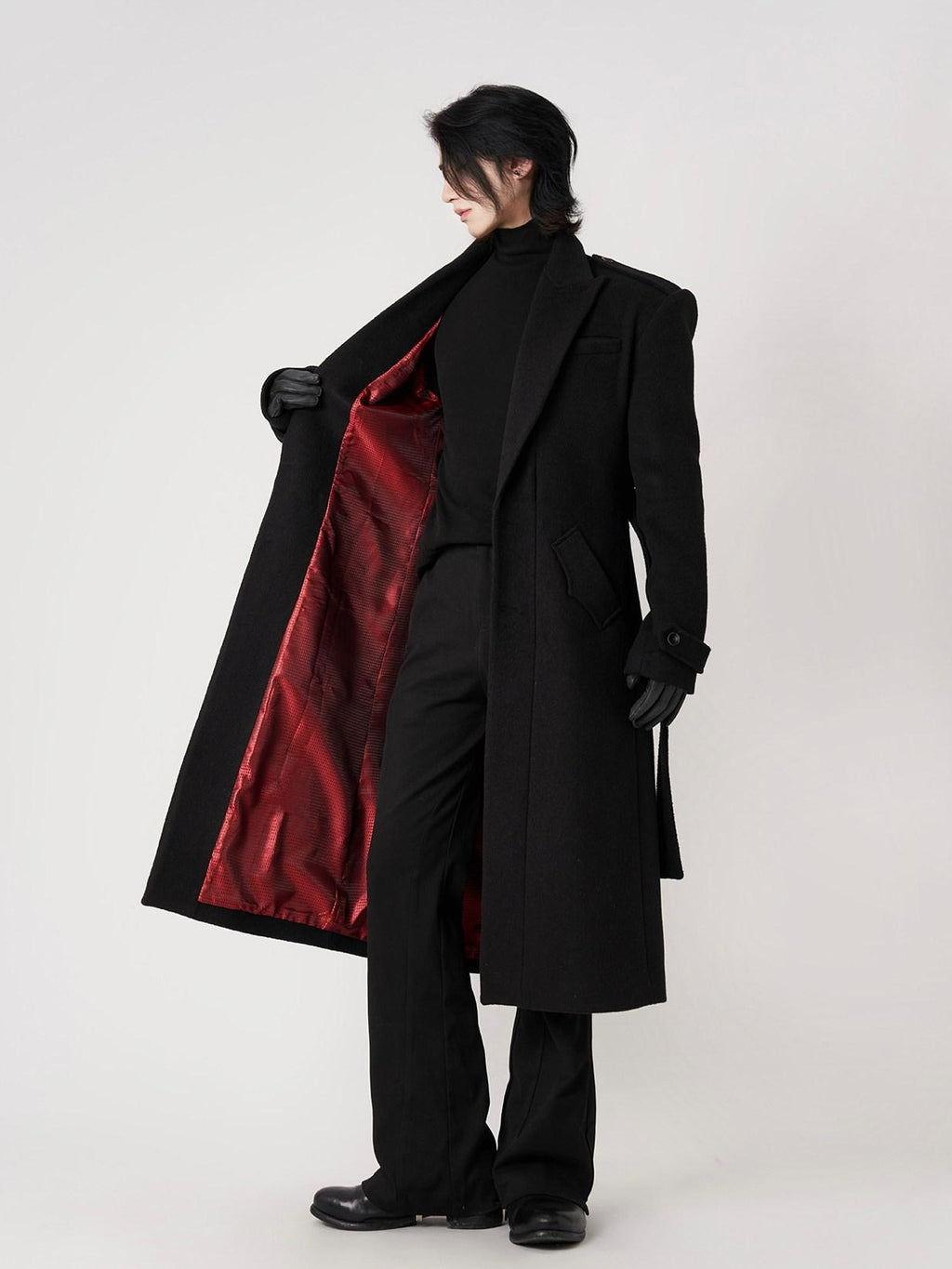 BALITONE Warm Wrinkle Free Long Loose Epaulet Lapel Youth Wool Blend Black Wool Coats