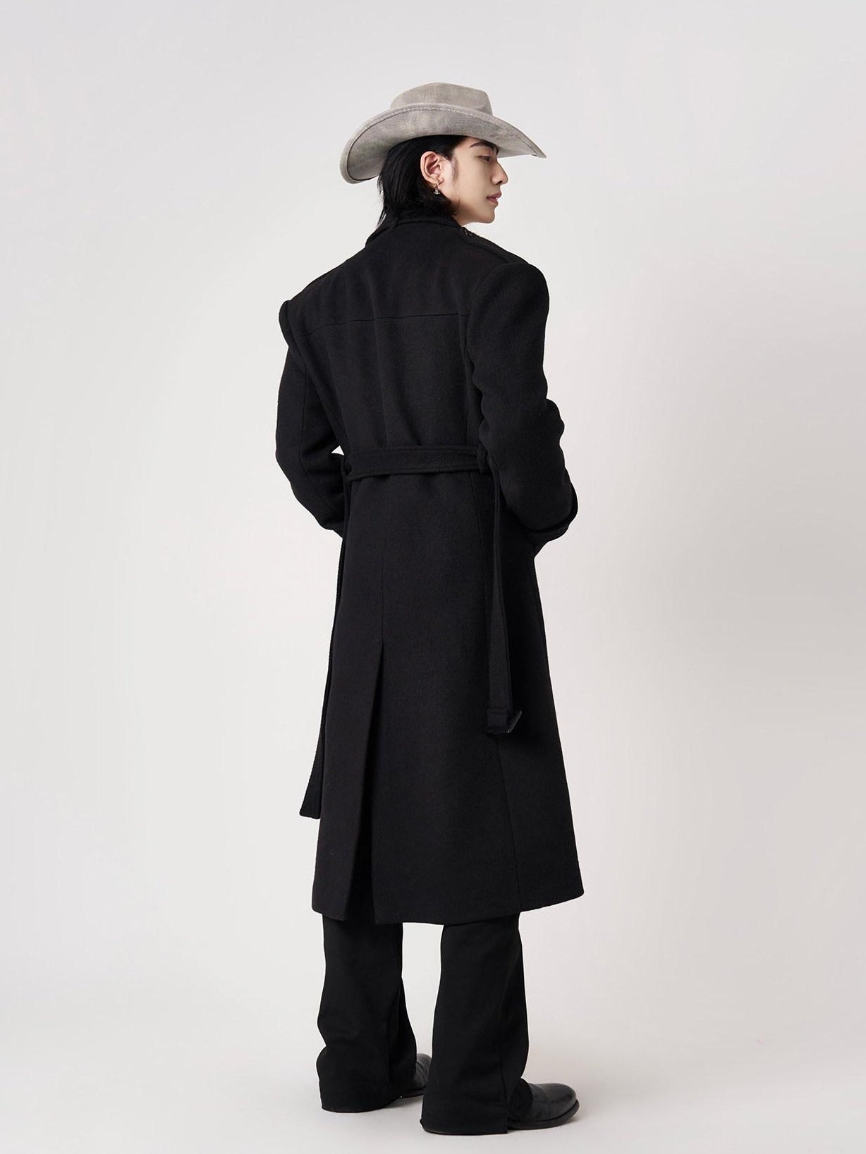 BALITONE Warm Wrinkle Free Long Loose Epaulet Lapel Youth Wool Blend Black Wool Coats