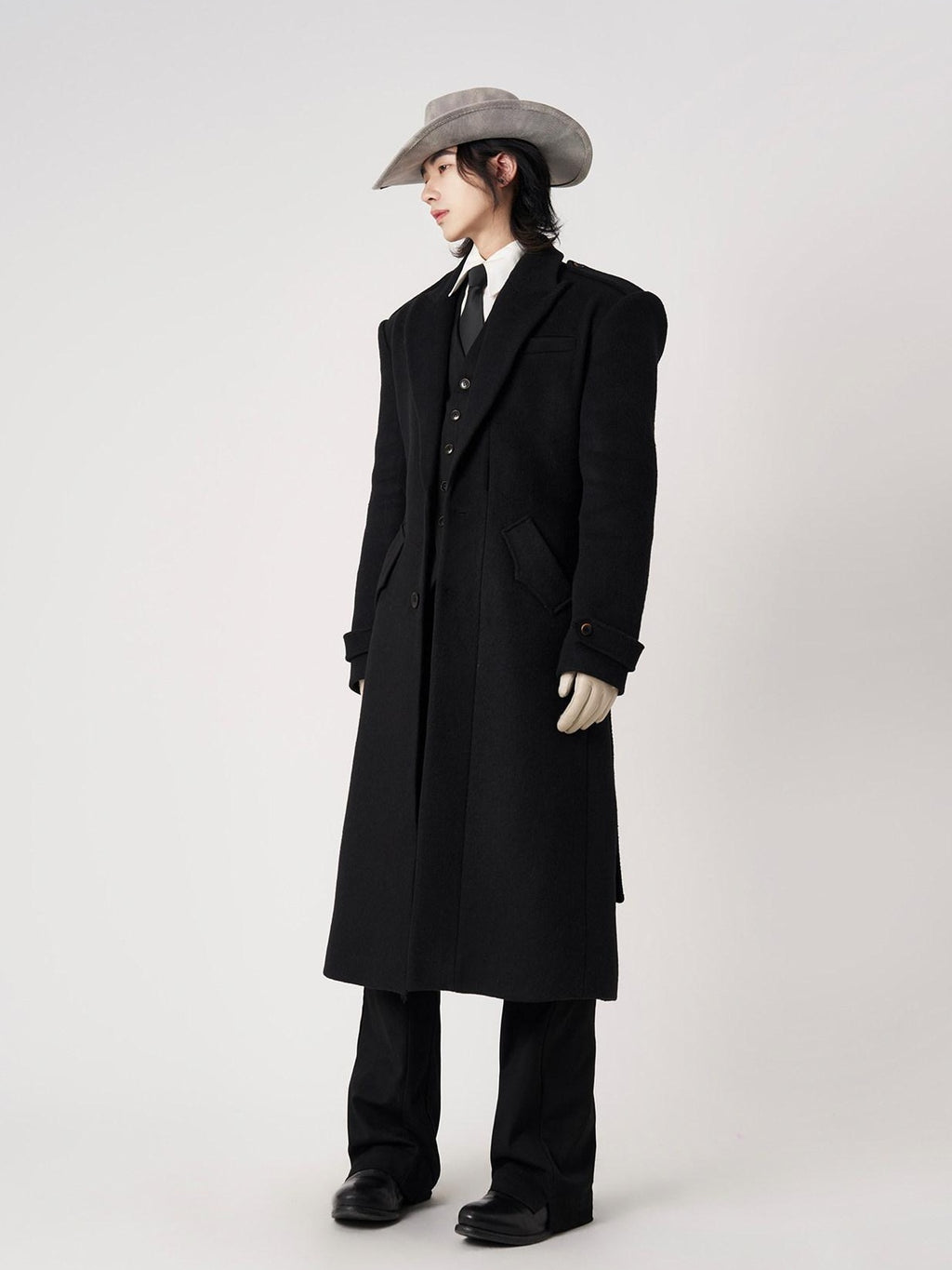 BALITONE Warm Wrinkle Free Long Loose Epaulet Lapel Youth Wool Blend Black Wool Coats