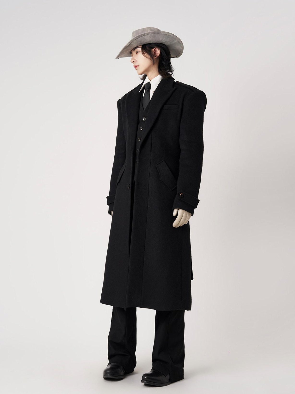BALITONE Warm Wrinkle Free Long Loose Epaulet Lapel Youth Wool Blend Black Wool Coats