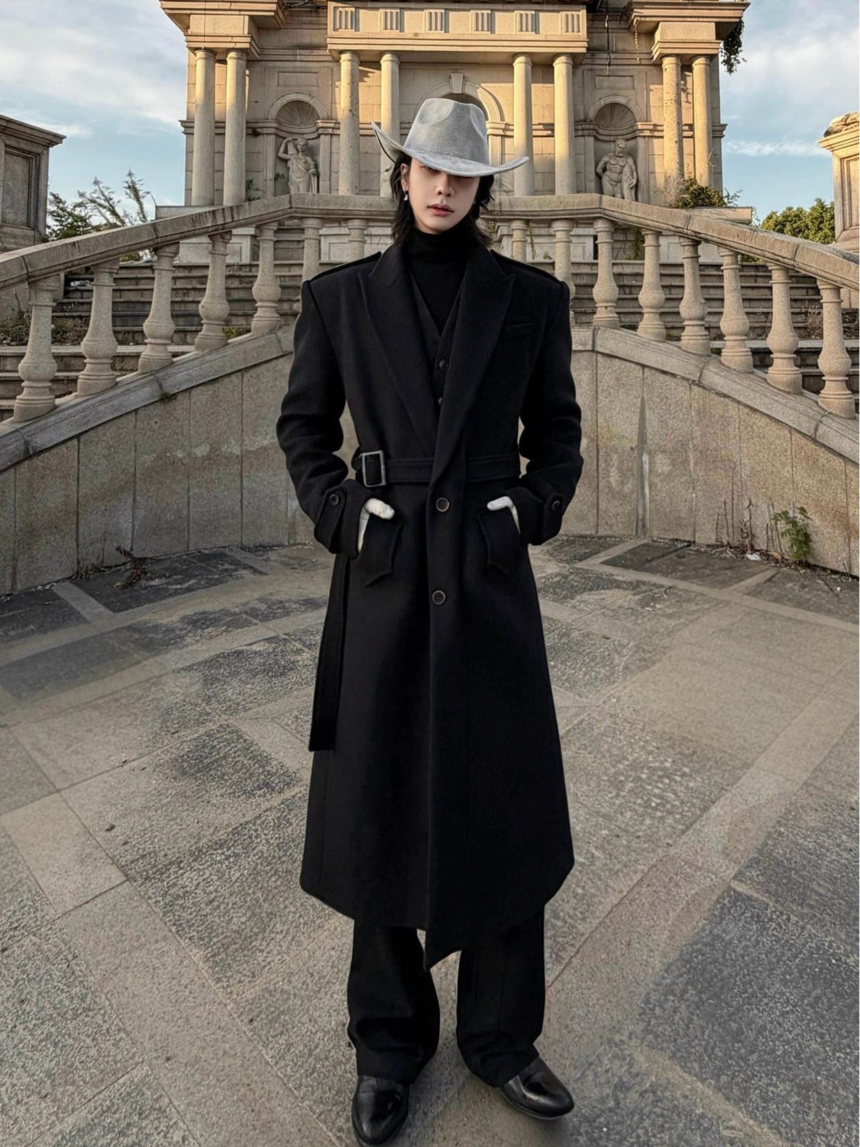 BALITONE Warm Wrinkle Free Long Loose Epaulet Lapel Youth Wool Blend Black Wool Coats