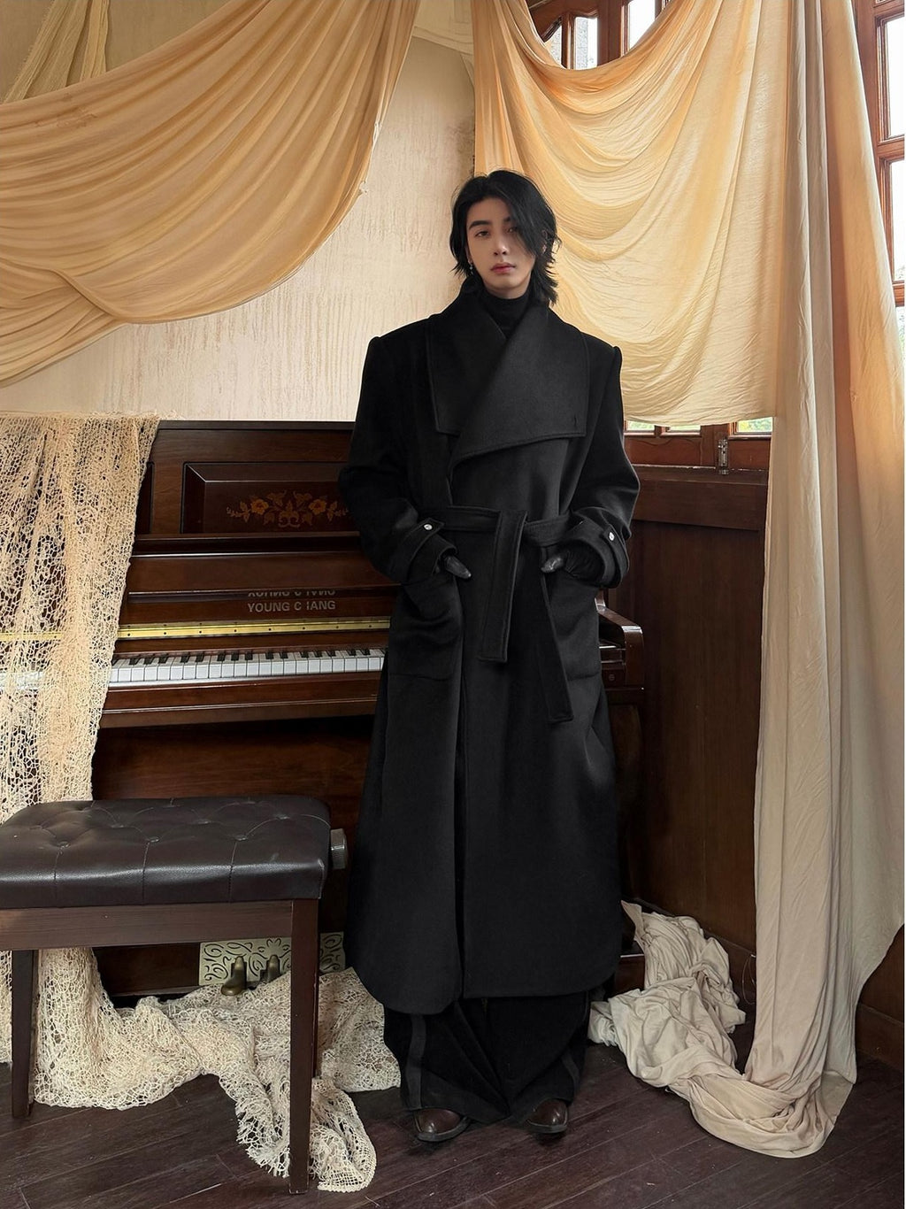 BALITONE Warm Wrinkle Free Oversized Urban Longline Stand Collar Unisex Wool Coats