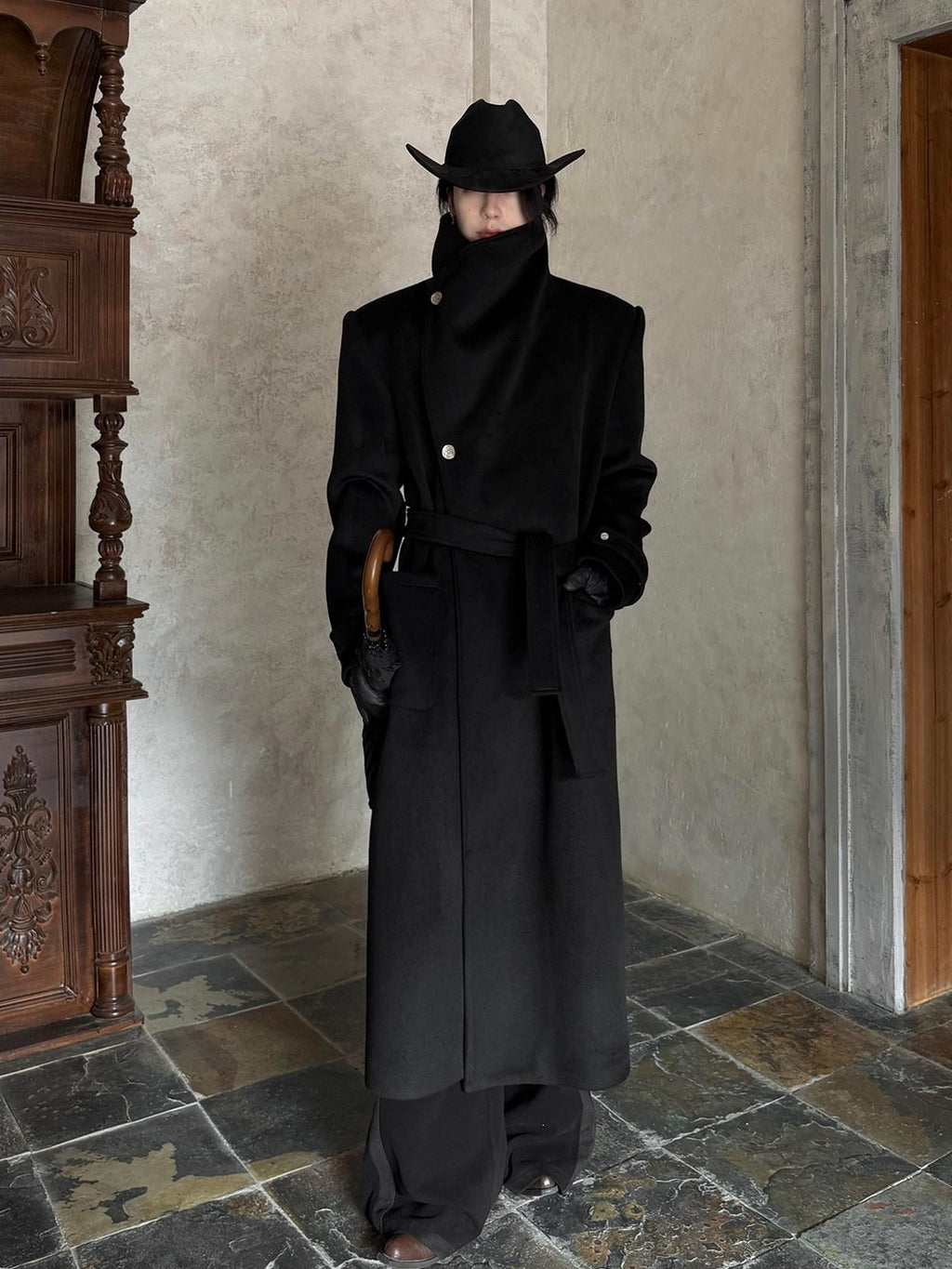 BALITONE Warm Wrinkle Free Oversized Urban Longline Stand Collar Unisex Wool Coats