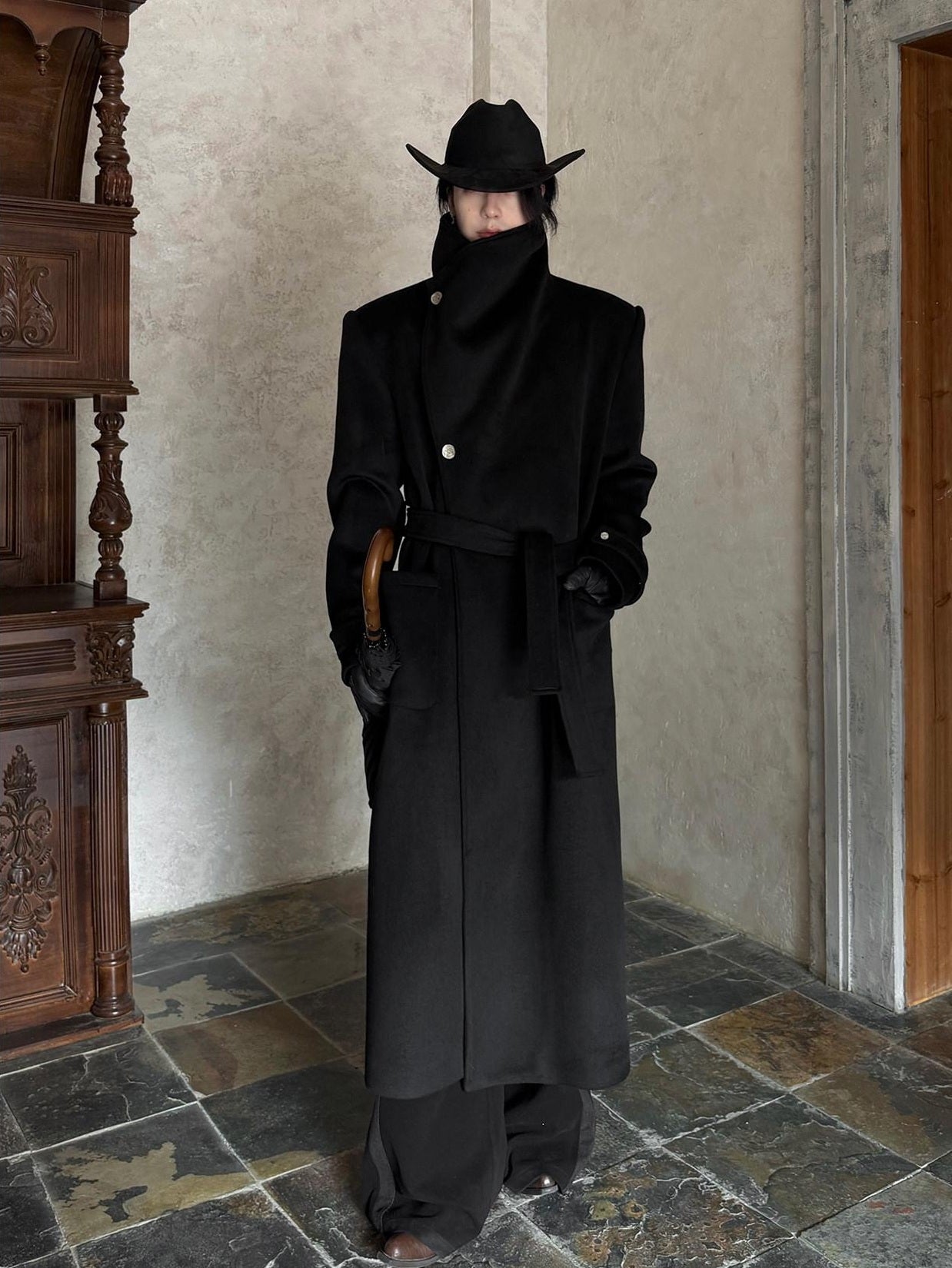 BALITONE Warm Wrinkle Free Oversized Urban Longline Stand Collar Unisex Wool Coats