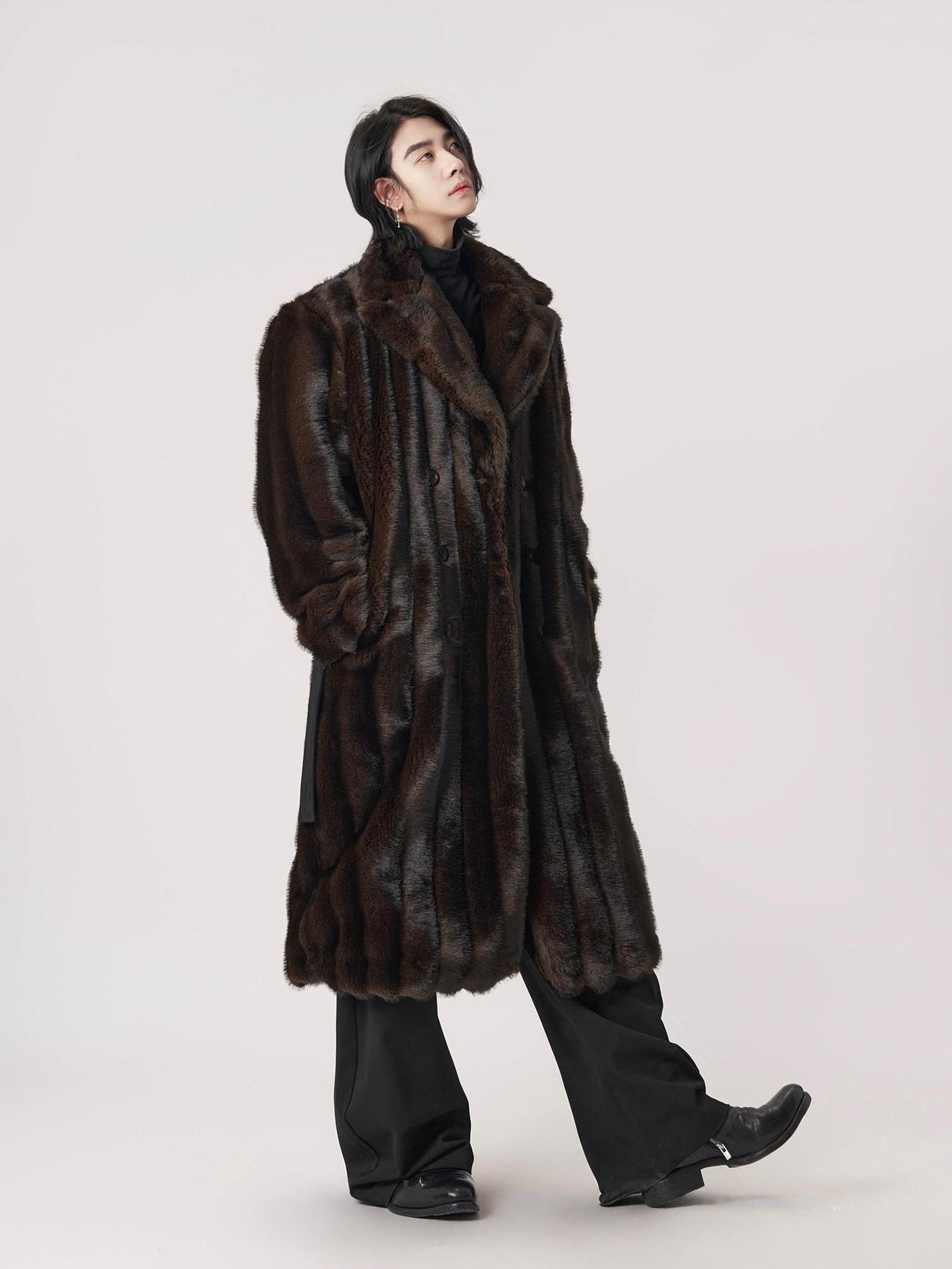BALITONE Warm Wrinklefree Long Loose Lapel Slash Pockets Youth Dark Brown Faux Fur Coats