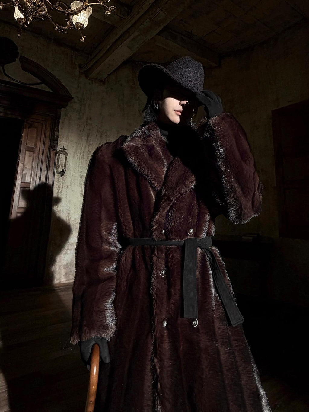 BALITONE Warm Wrinklefree Long Loose Lapel Slash Pockets Youth Dark Brown Faux Fur Coats