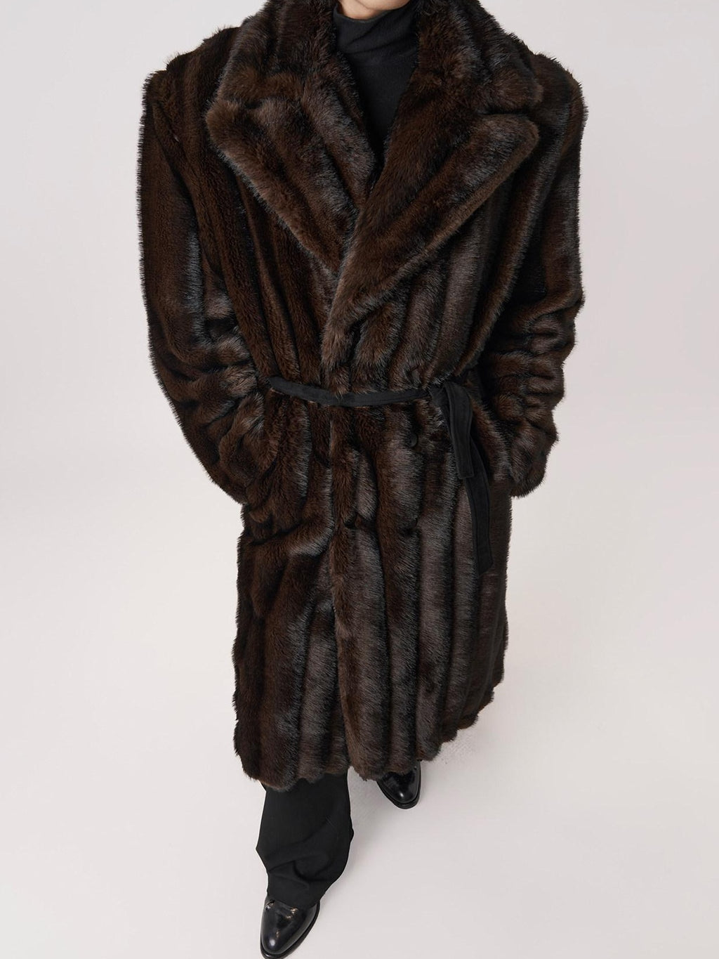 BALITONE Warm Wrinklefree Long Loose Lapel Slash Pockets Youth Dark Brown Faux Fur Coats