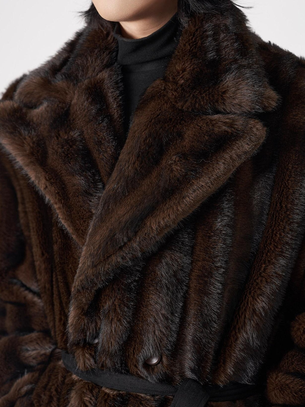 BALITONE Warm Wrinklefree Long Loose Lapel Slash Pockets Youth Dark Brown Faux Fur Coats