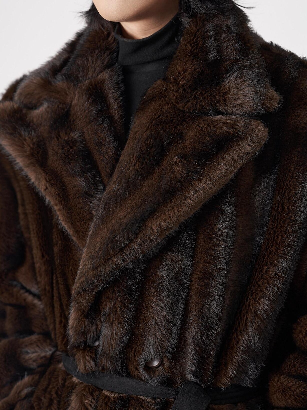 BALITONE Warm Wrinklefree Long Loose Lapel Slash Pockets Youth Dark Brown Faux Fur Coats