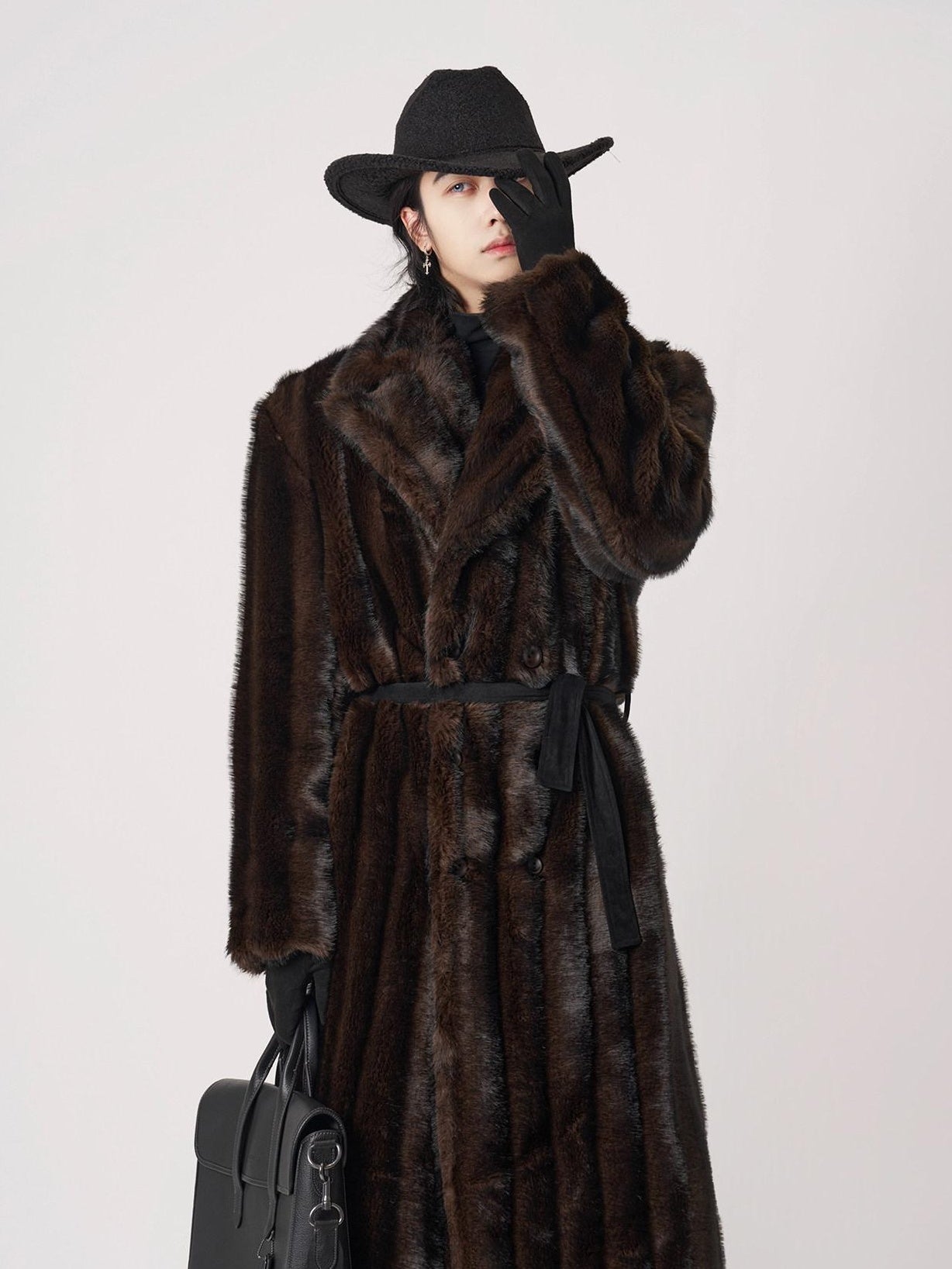 BALITONE Warm Wrinklefree Long Loose Lapel Slash Pockets Youth Dark Brown Faux Fur Coats