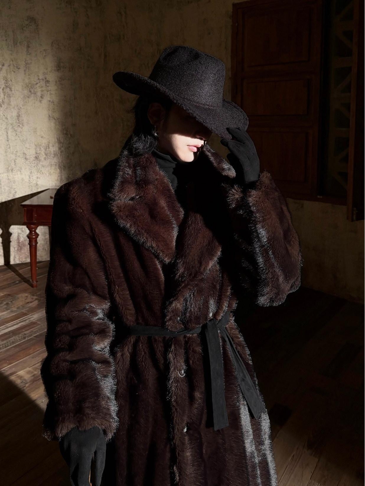 BALITONE Warm Wrinklefree Long Loose Lapel Slash Pockets Youth Dark Brown Faux Fur Coats