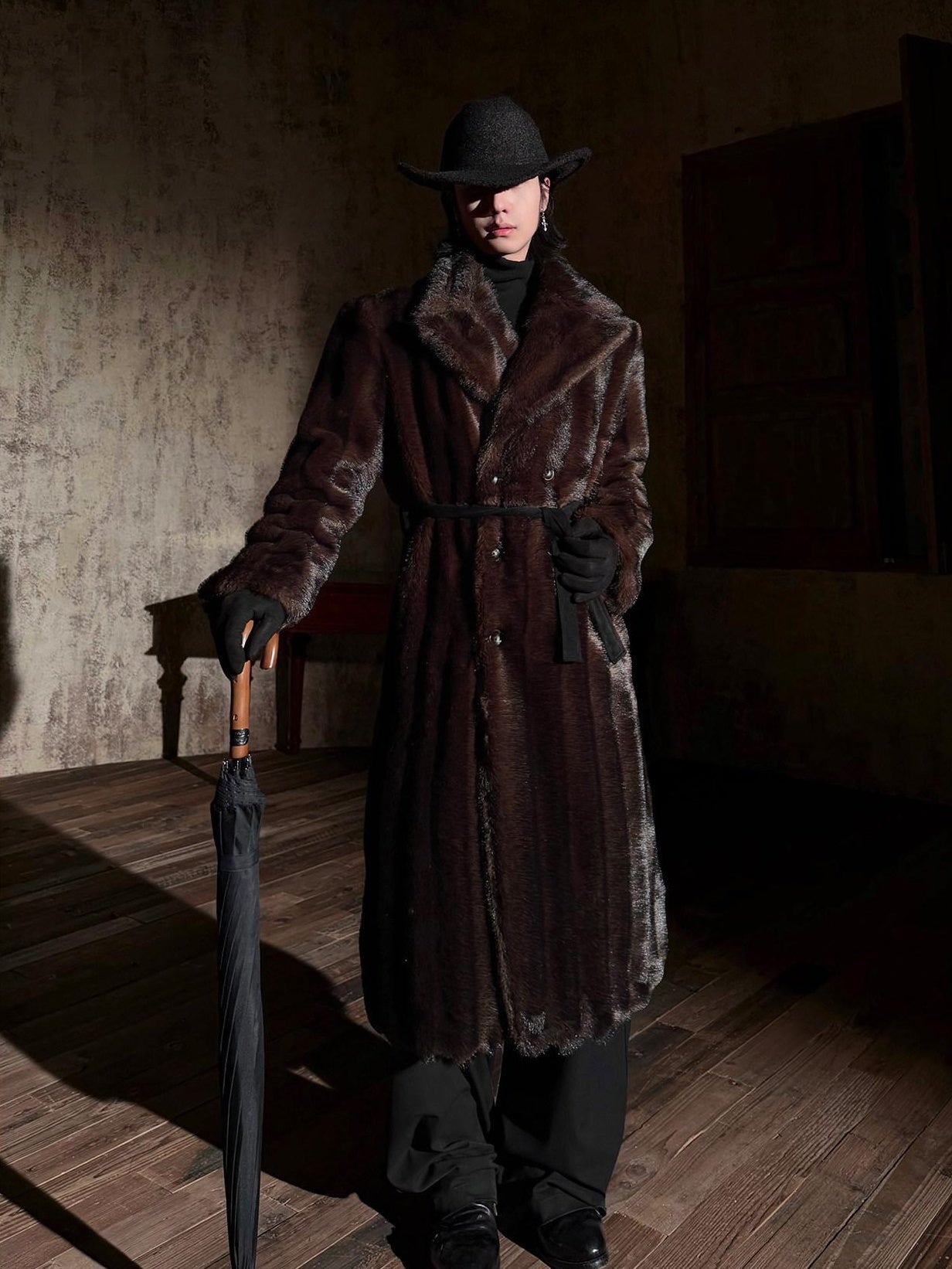 BALITONE Warm Wrinklefree Long Loose Lapel Slash Pockets Youth Dark Brown Faux Fur Coats