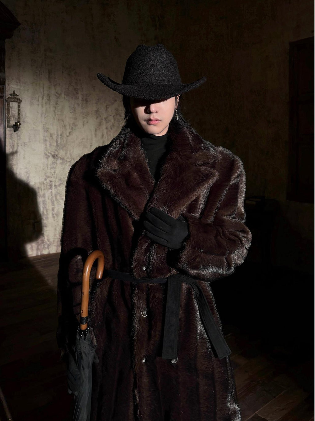 BALITONE Warm Wrinklefree Long Loose Lapel Slash Pockets Youth Dark Brown Faux Fur Coats