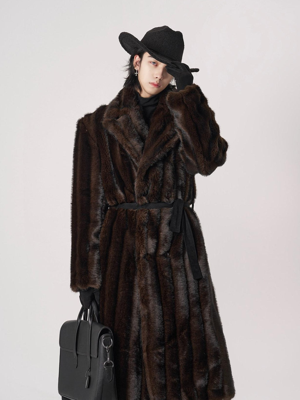 BALITONE Warm Wrinklefree Long Loose Lapel Slash Pockets Youth Dark Brown Faux Fur Coats