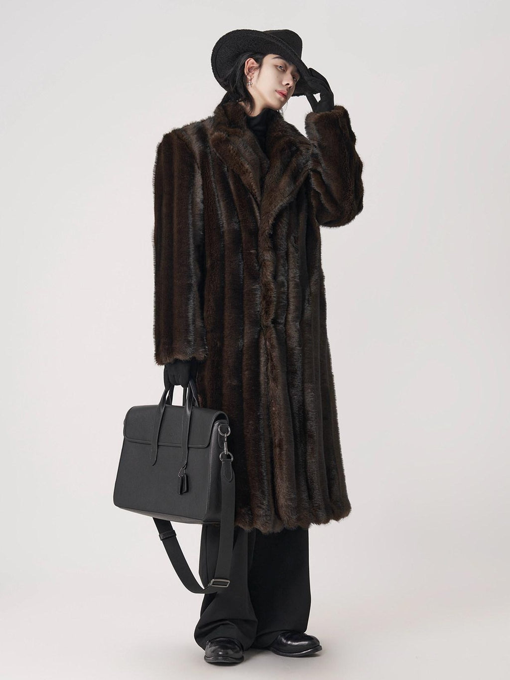 BALITONE Warm Wrinklefree Long Loose Lapel Slash Pockets Youth Dark Brown Faux Fur Coats