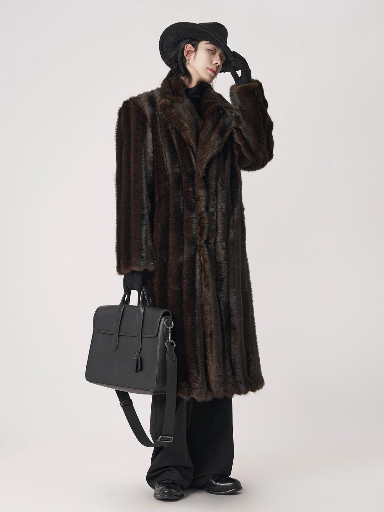 BALITONE Warm Wrinklefree Long Loose Lapel Slash Pockets Youth Dark Brown Faux Fur Coats