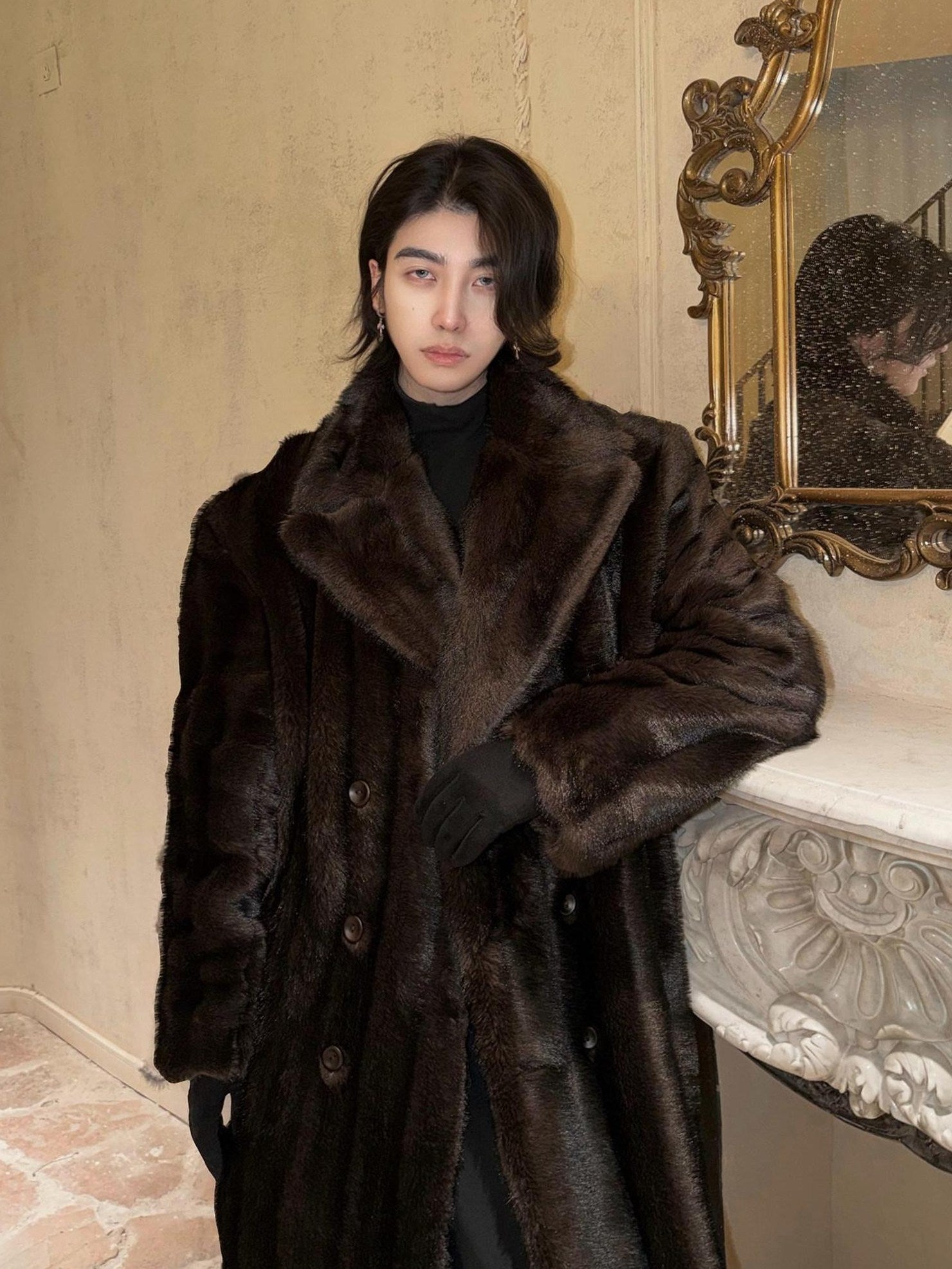 BALITONE Warm Wrinklefree Long Loose Lapel Slash Pockets Youth Dark Brown Faux Fur Coats