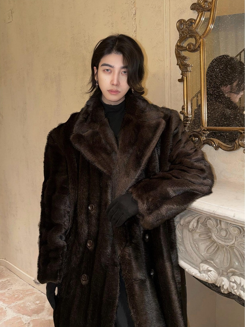 BALITONE Warm Wrinklefree Long Loose Lapel Slash Pockets Youth Dark Brown Faux Fur Coats