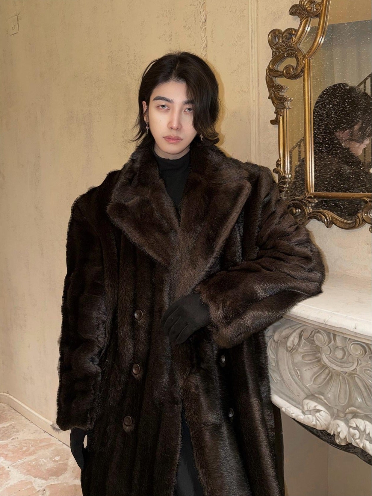 BALITONE Warm Wrinklefree Long Loose Lapel Slash Pockets Youth Dark Brown Faux Fur Coats