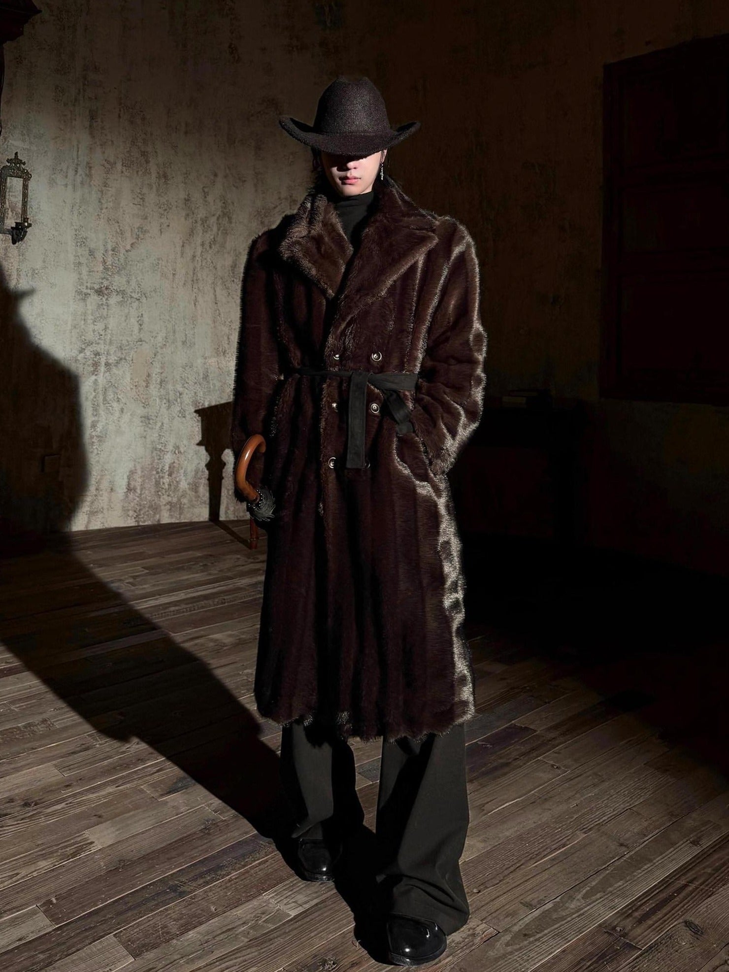 BALITONE Warm Wrinklefree Long Loose Lapel Slash Pockets Youth Dark Brown Faux Fur Coats