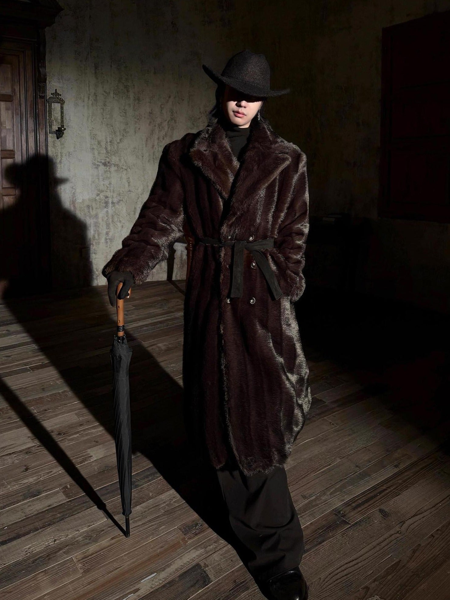 BALITONE Warm Wrinklefree Long Loose Lapel Slash Pockets Youth Dark Brown Faux Fur Coats
