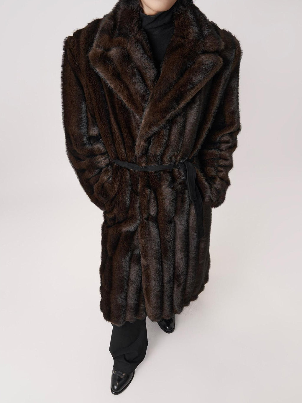 BALITONE Warm Wrinklefree Long Loose Lapel Slash Pockets Youth Dark Brown Faux Fur Coats