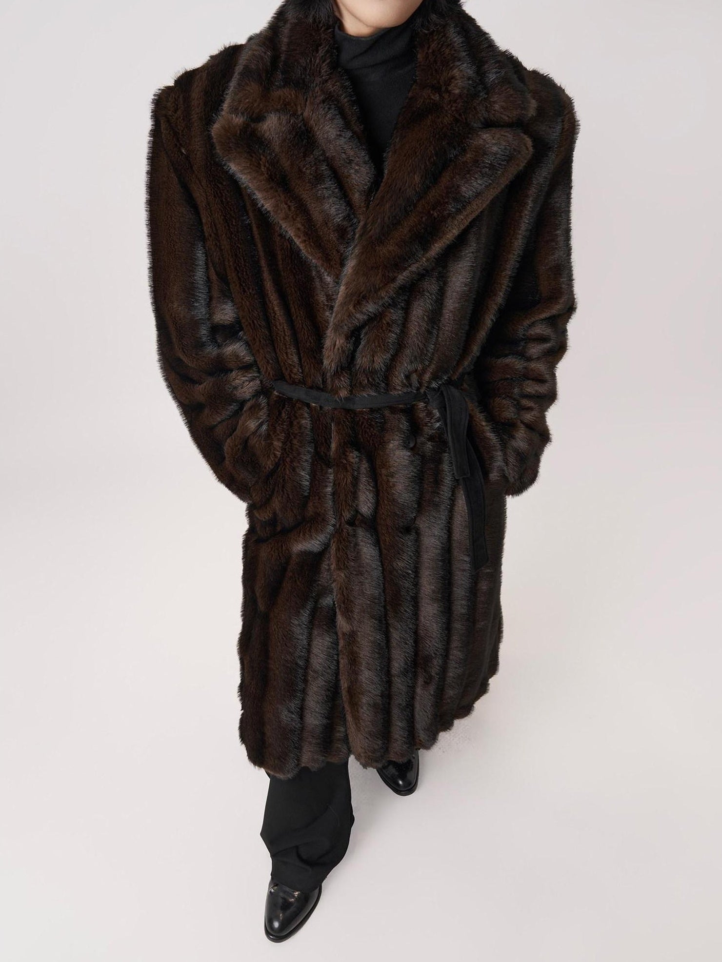 BALITONE Warm Wrinklefree Long Loose Lapel Slash Pockets Youth Dark Brown Faux Fur Coats