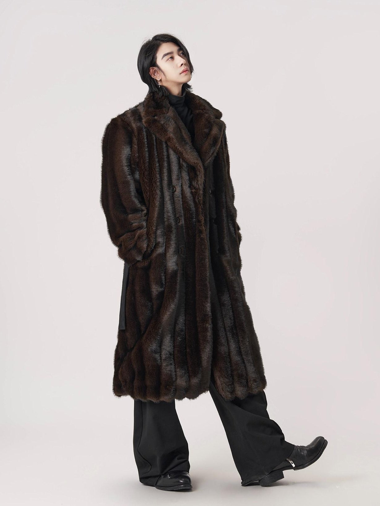 BALITONE Warm Wrinklefree Long Loose Lapel Slash Pockets Youth Dark Brown Faux Fur Coats