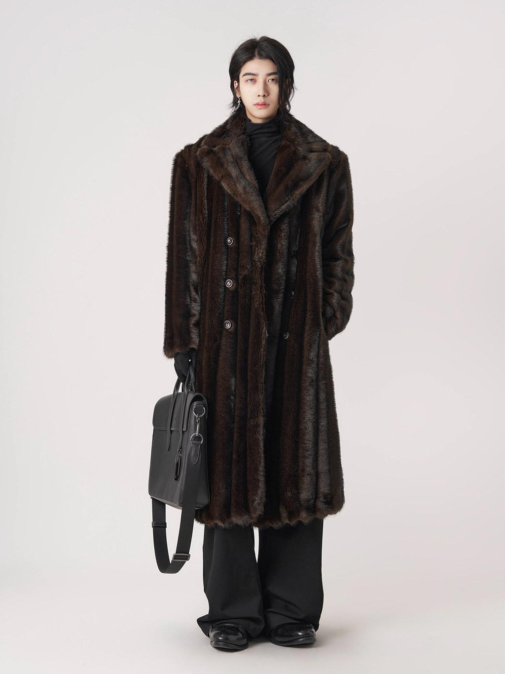 BALITONE Warm Wrinklefree Long Loose Lapel Slash Pockets Youth Dark Brown Faux Fur Coats