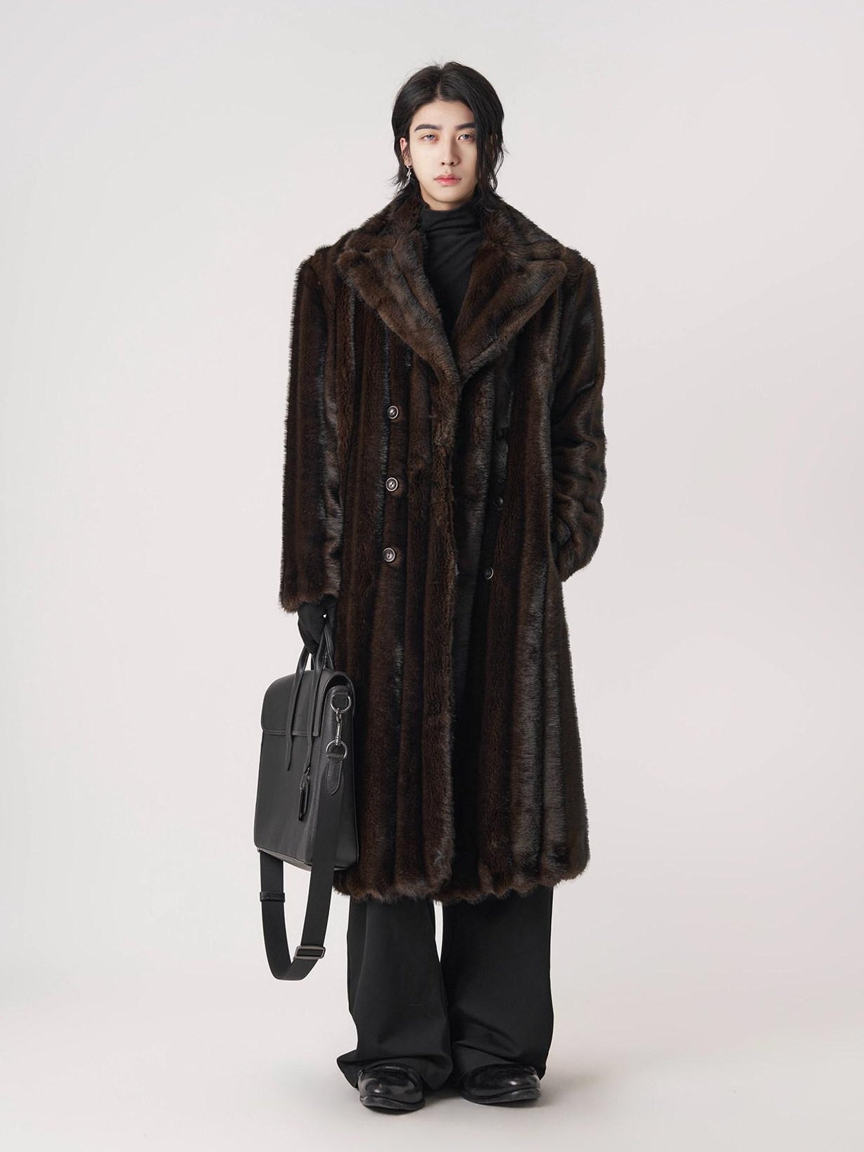 BALITONE Warm Wrinklefree Long Loose Lapel Slash Pockets Youth Dark Brown Faux Fur Coats