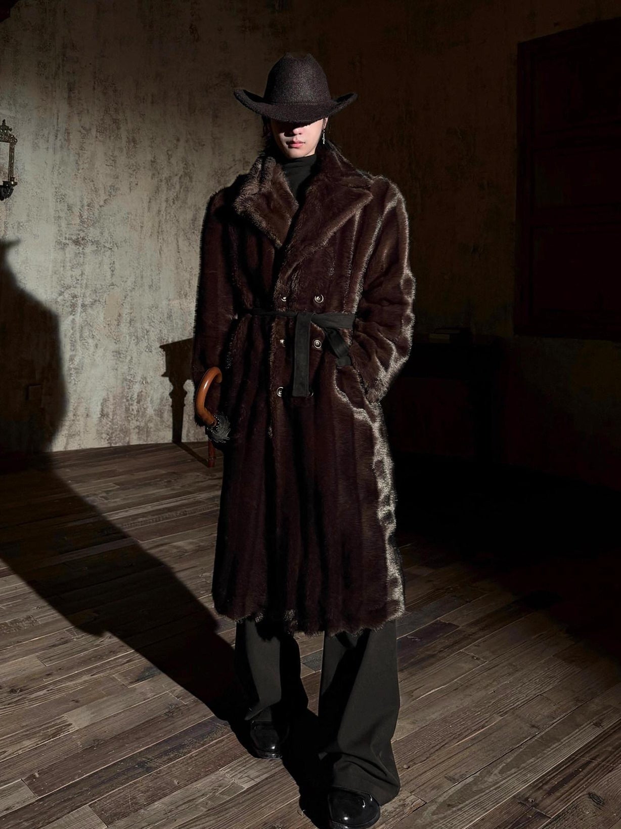 BALITONE Warm Wrinklefree Long Loose Lapel Slash Pockets Youth Dark Brown Faux Fur Coats
