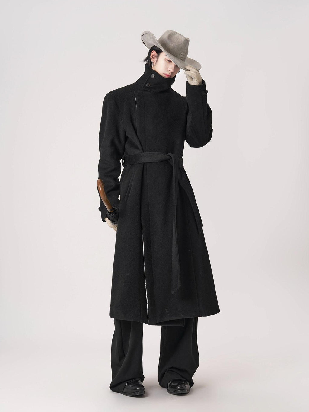BALITONE Wrinkle Free 100% Wool Warm Loose Fit Tie Belt Stand Collar Unisex Wool Coats