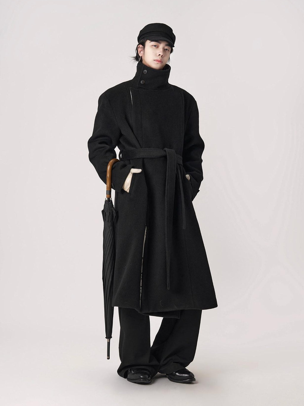 BALITONE Wrinkle Free 100% Wool Warm Loose Fit Tie Belt Stand Collar Unisex Wool Coats