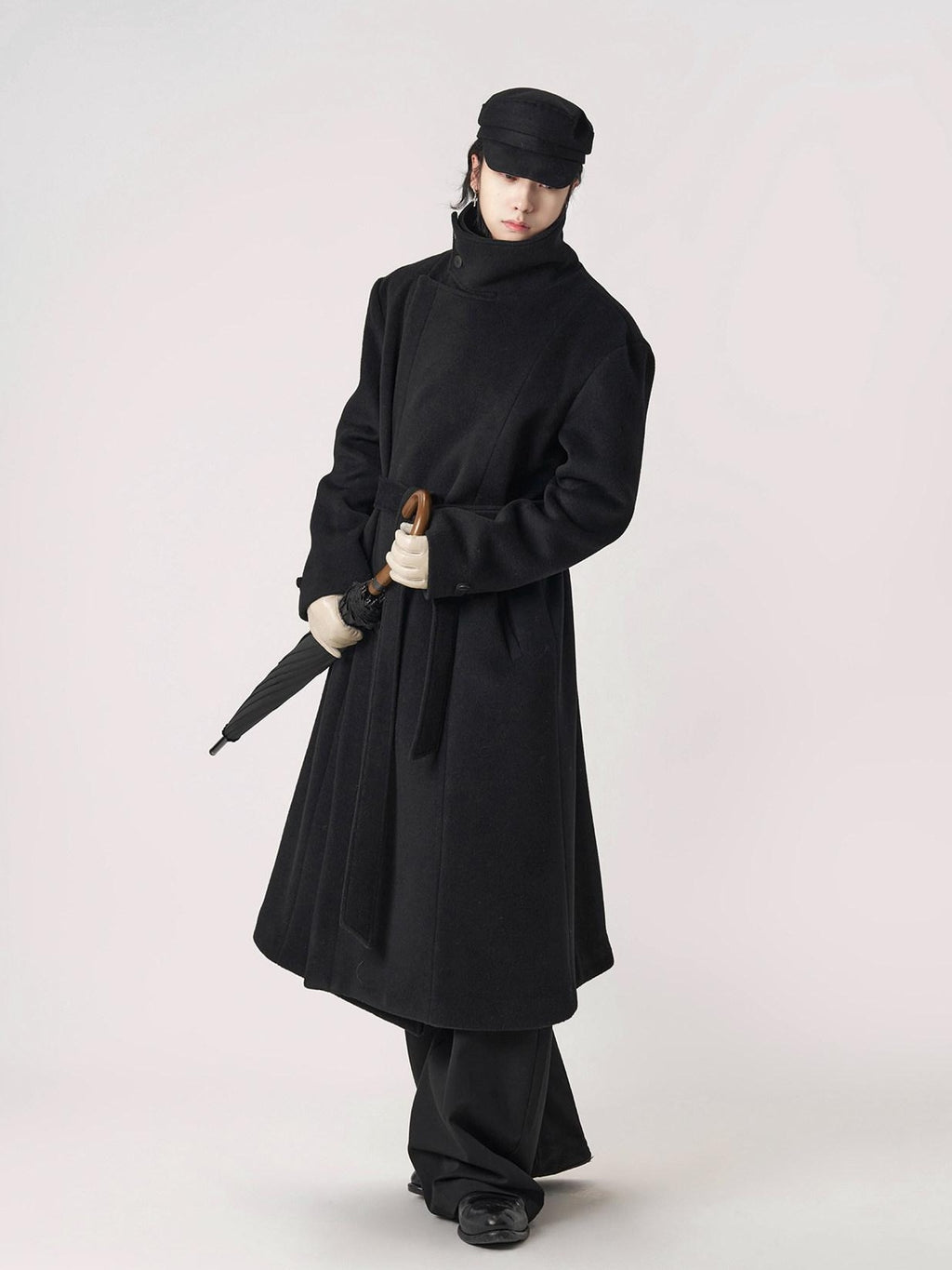 BALITONE Wrinkle Free 100% Wool Warm Loose Fit Tie Belt Stand Collar Unisex Wool Coats