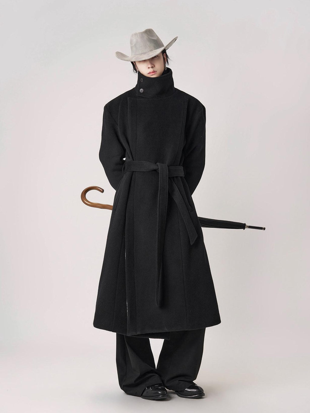 BALITONE Wrinkle Free 100% Wool Warm Loose Fit Tie Belt Stand Collar Unisex Wool Coats