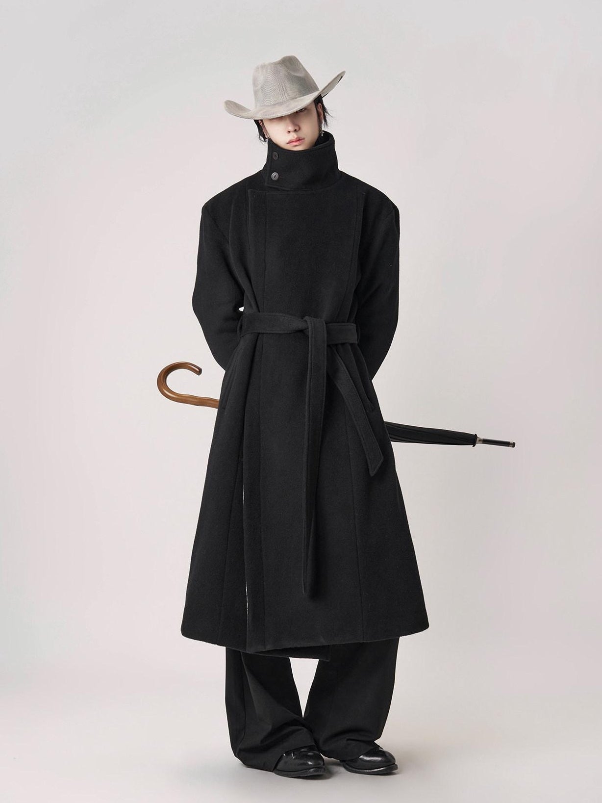 BALITONE Wrinkle Free 100% Wool Warm Loose Fit Tie Belt Stand Collar Unisex Wool Coats