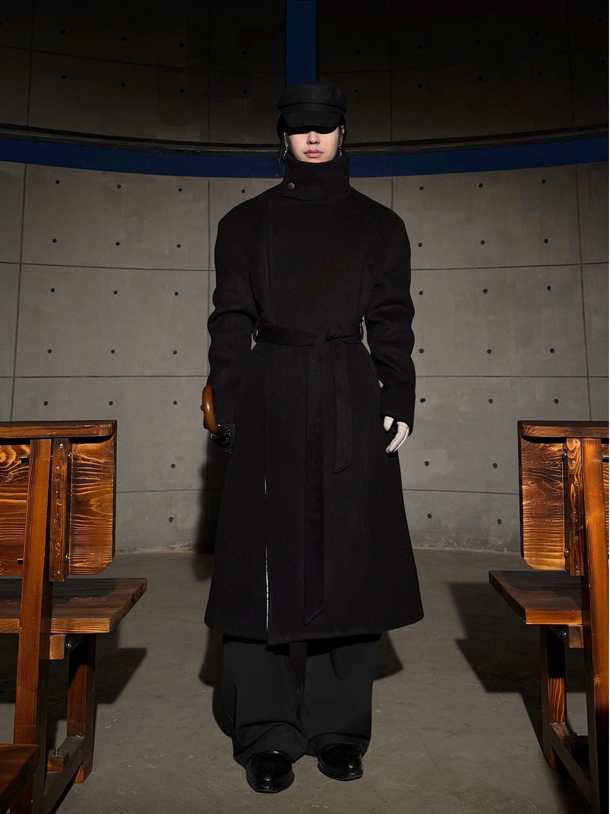 BALITONE Wrinkle Free 100% Wool Warm Loose Fit Tie Belt Stand Collar Unisex Wool Coats