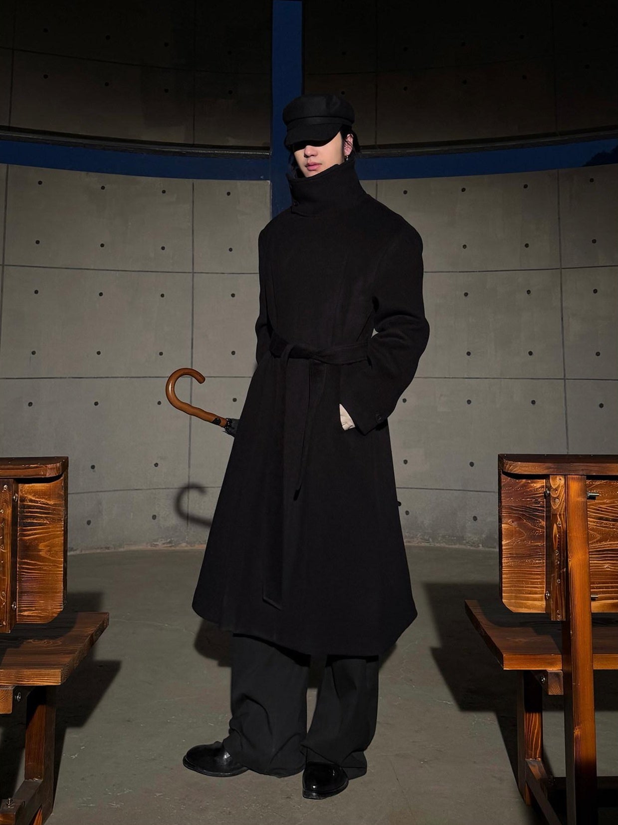 BALITONE Wrinkle Free 100% Wool Warm Loose Fit Tie Belt Stand Collar Unisex Wool Coats