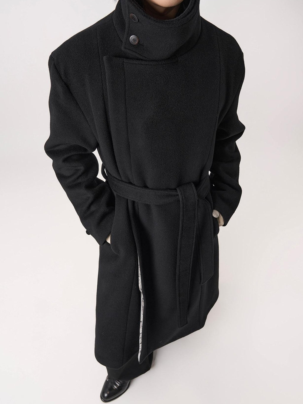BALITONE Wrinkle Free 100% Wool Warm Loose Fit Tie Belt Stand Collar Unisex Wool Coats