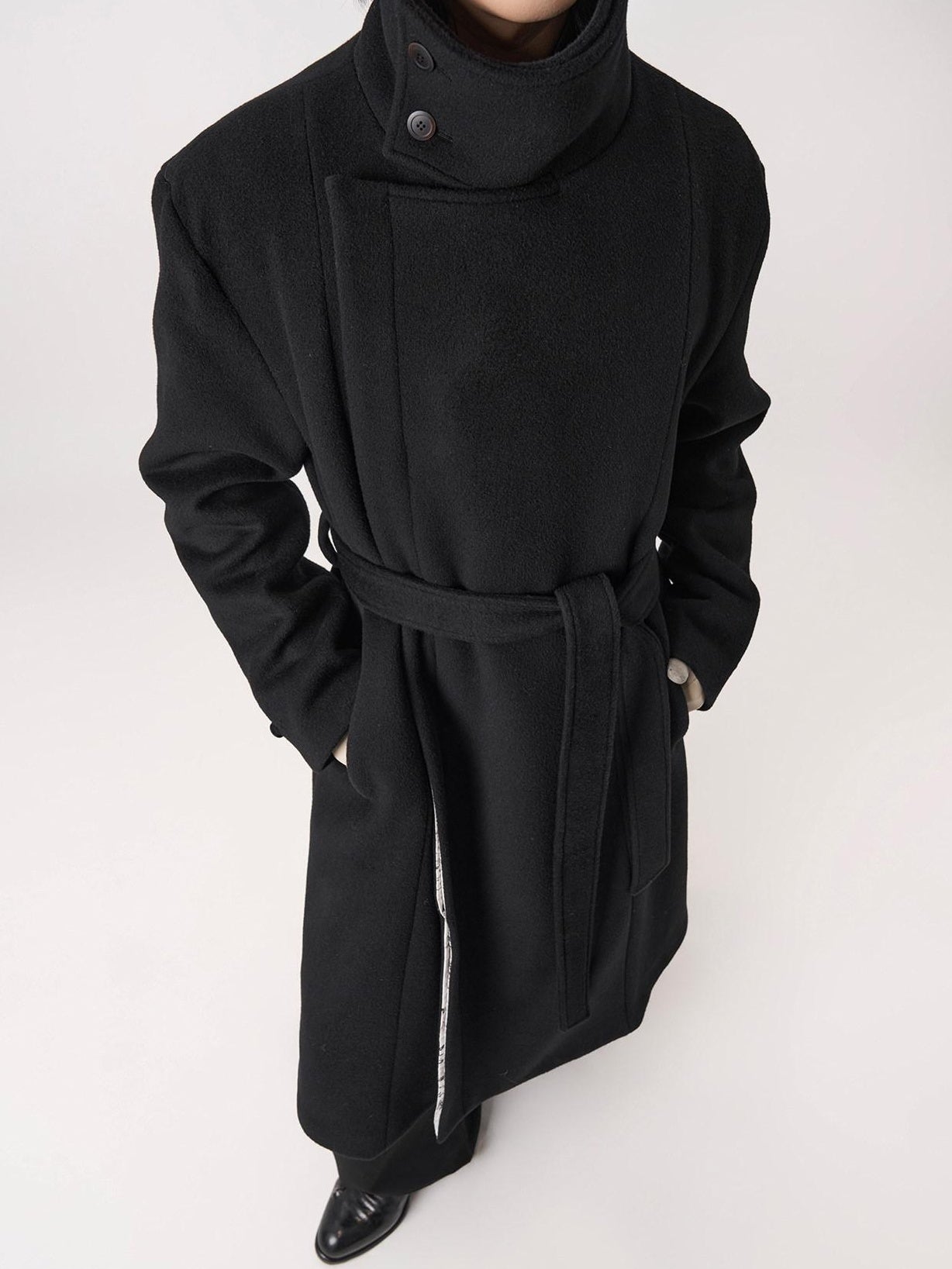 BALITONE Wrinkle Free 100% Wool Warm Loose Fit Tie Belt Stand Collar Unisex Wool Coats
