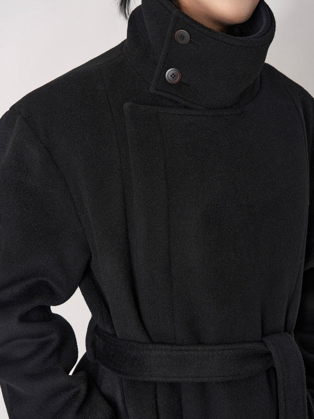 BALITONE Wrinkle Free 100% Wool Warm Loose Fit Tie Belt Stand Collar Unisex Wool Coats