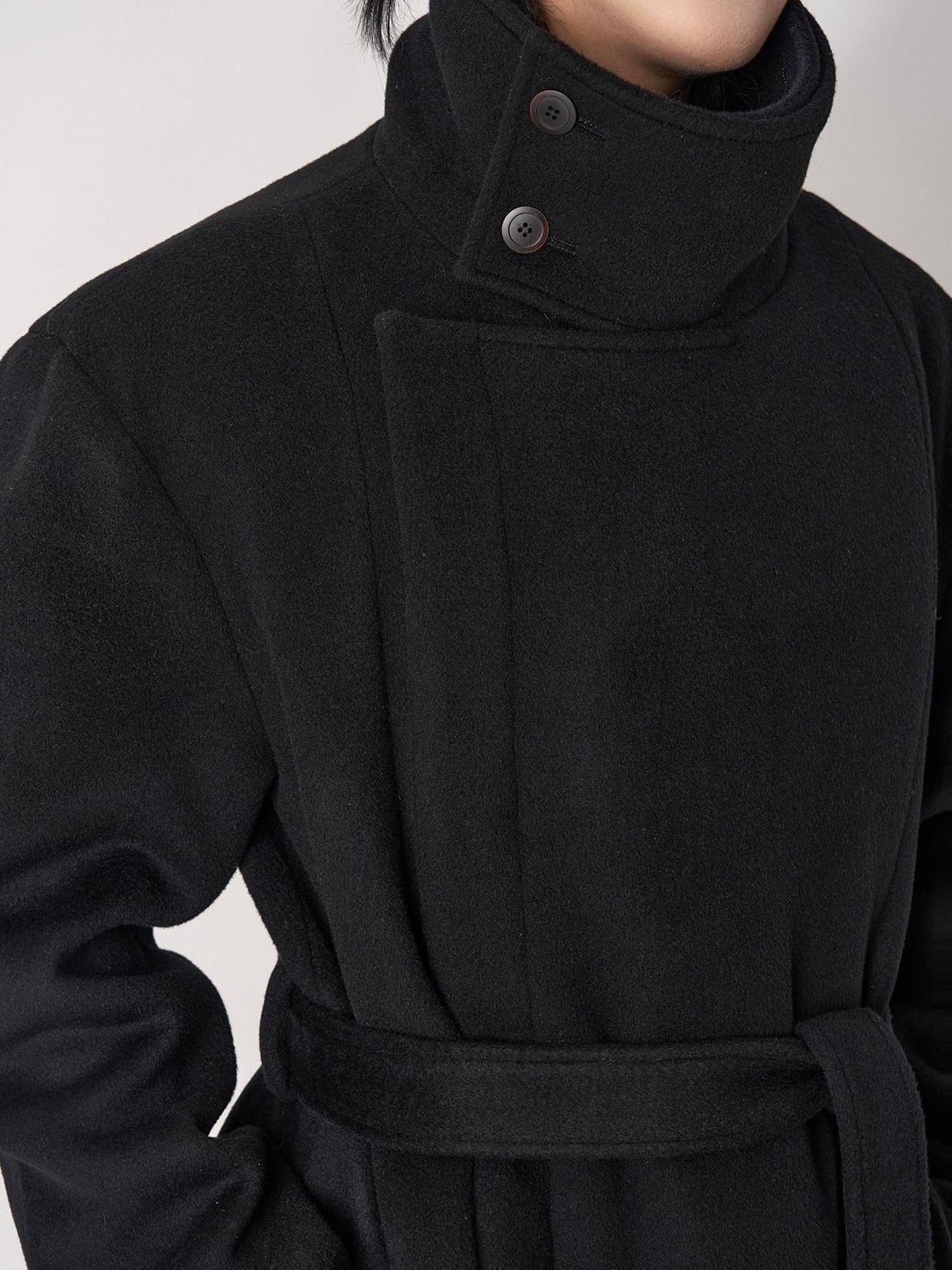 BALITONE Wrinkle Free 100% Wool Warm Loose Fit Tie Belt Stand Collar Unisex Wool Coats
