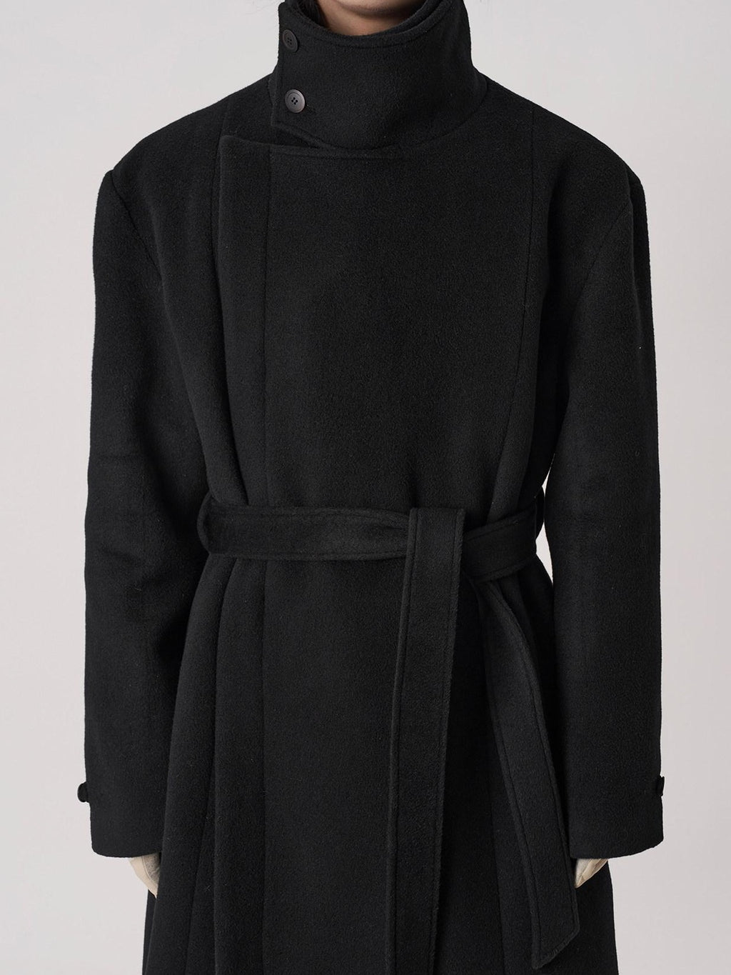 BALITONE Wrinkle Free 100% Wool Warm Loose Fit Tie Belt Stand Collar Unisex Wool Coats