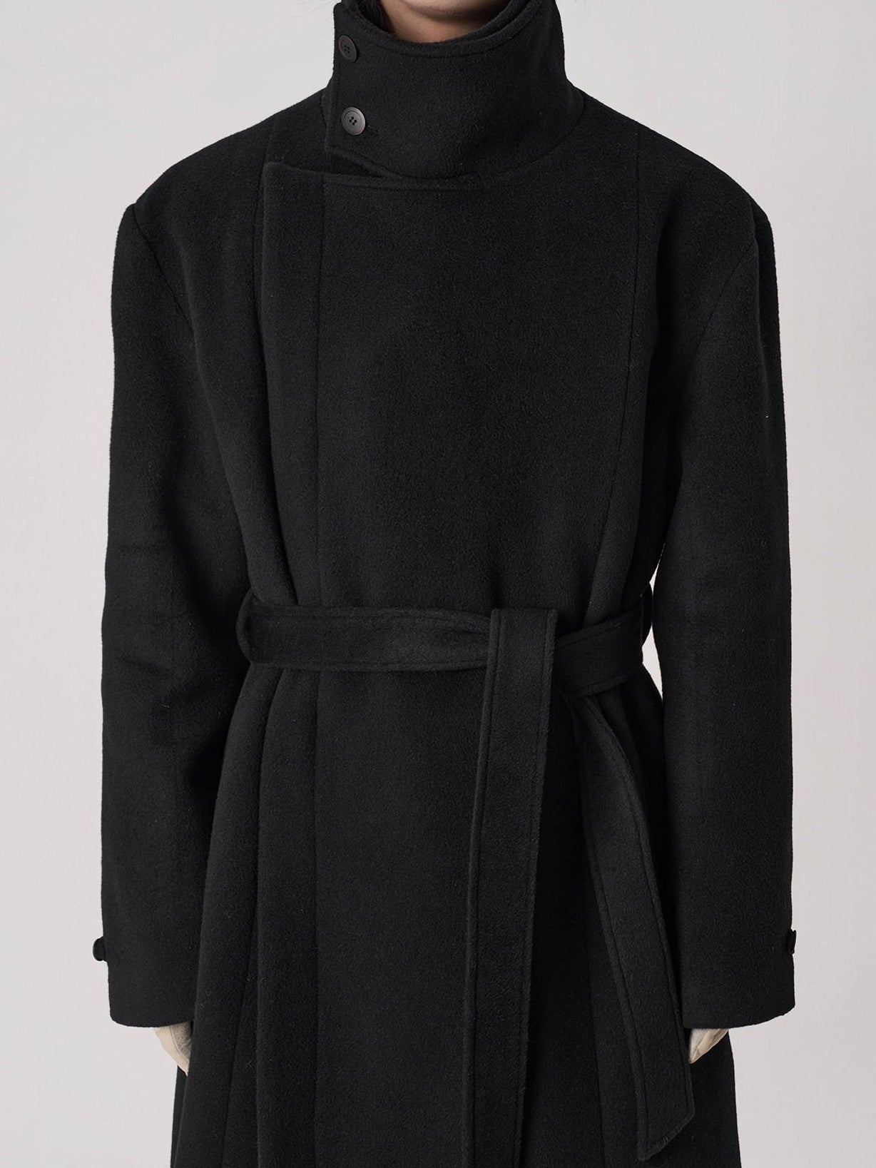 BALITONE Wrinkle Free 100% Wool Warm Loose Fit Tie Belt Stand Collar Unisex Wool Coats
