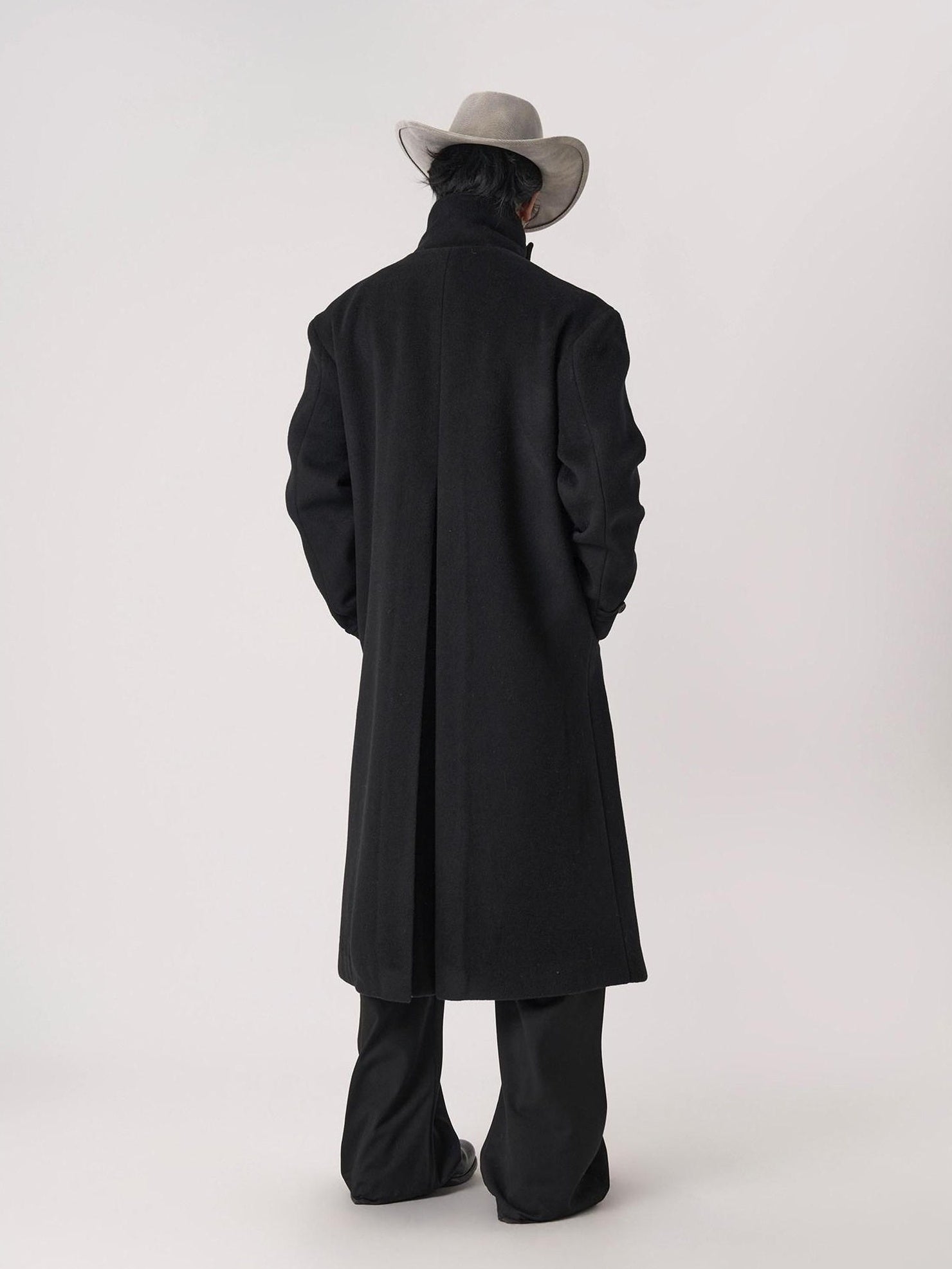 BALITONE Wrinkle Free 100% Wool Warm Loose Fit Tie Belt Stand Collar Unisex Wool Coats