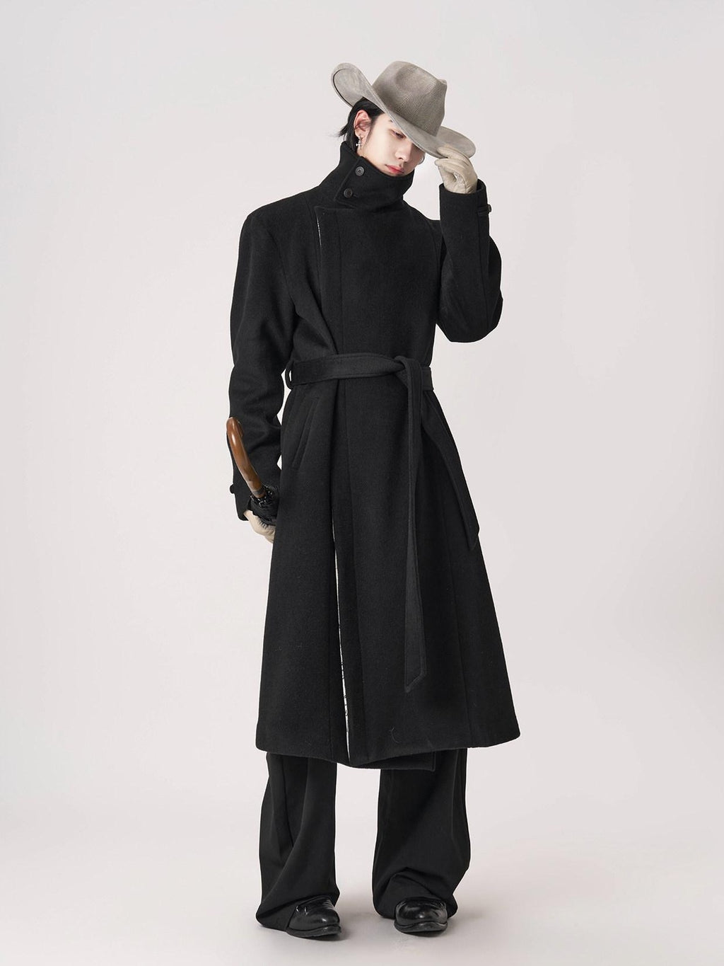 BALITONE Wrinkle Free 100% Wool Warm Loose Fit Tie Belt Stand Collar Unisex Wool Coats