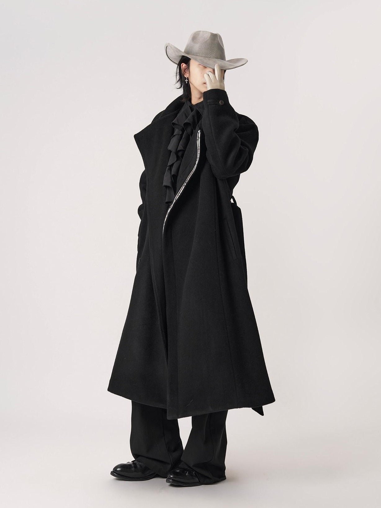 BALITONE Wrinkle Free 100% Wool Warm Loose Fit Tie Belt Stand Collar Unisex Wool Coats