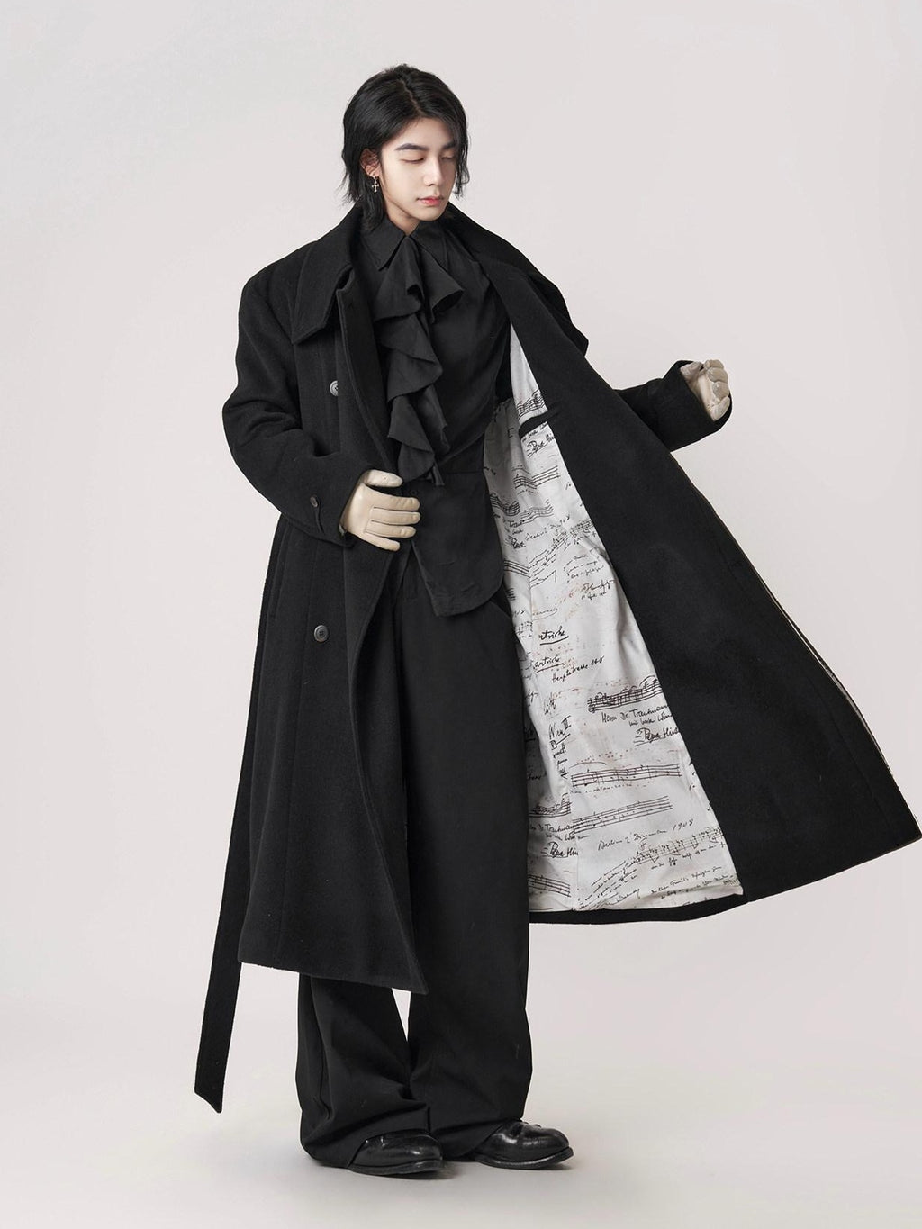 BALITONE Wrinkle Free 100% Wool Warm Loose Fit Tie Belt Stand Collar Unisex Wool Coats