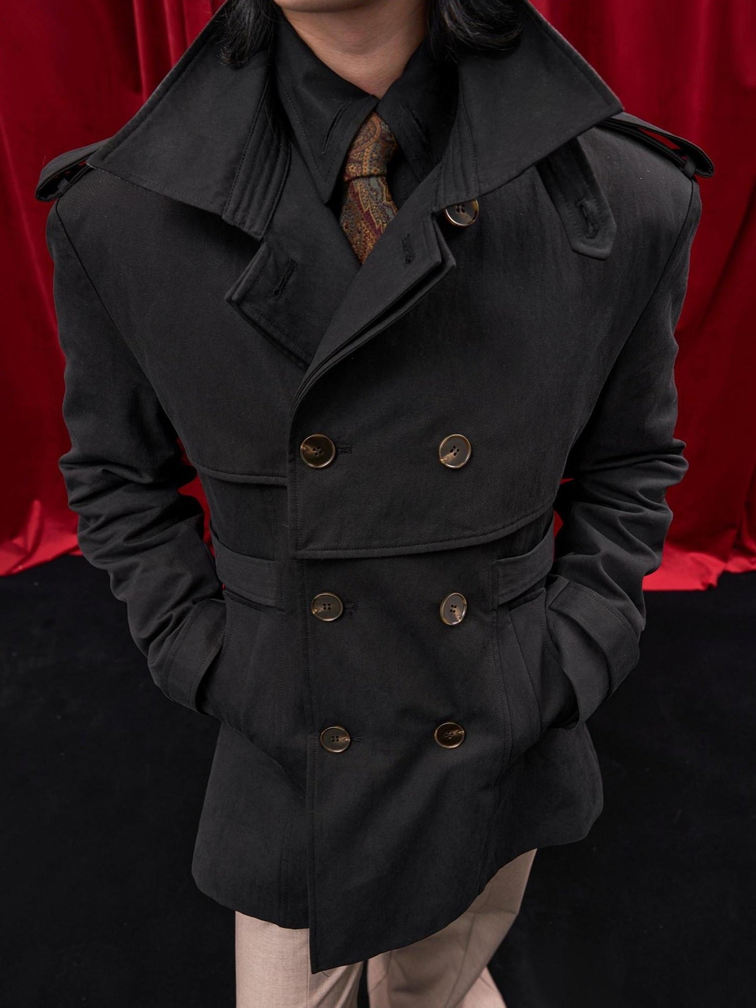 BALITONE Wrinkle Free Lightweight Oversized Vintage Double Breasted Black Unisex Car Coats