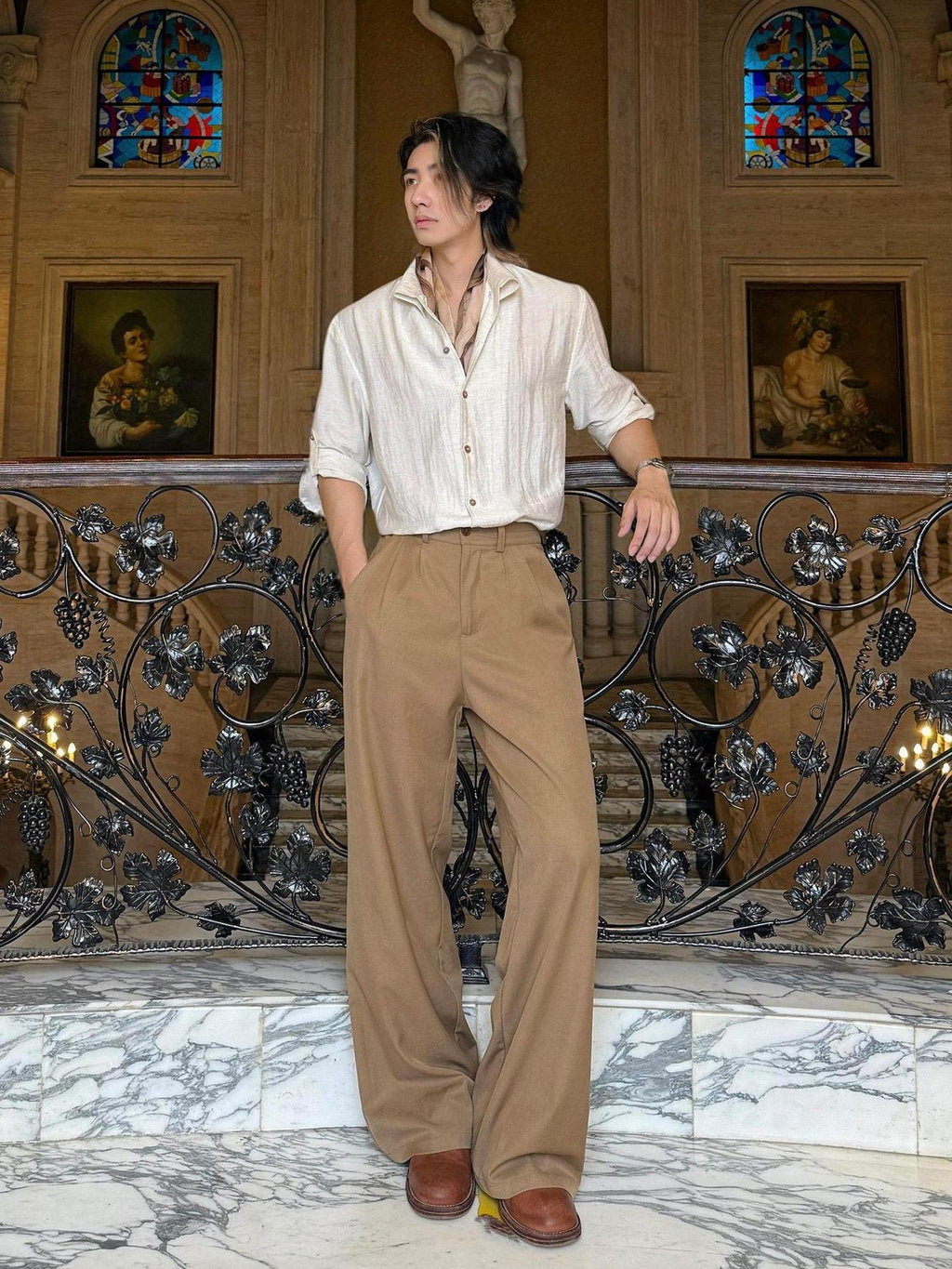 BALITONE Wrinkle Free Mid Rise Straight Micro Stretch Khaki Flared Trousers